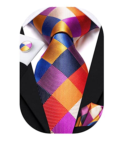 Hi-Tie Mens Plaid Ties Classic Paisley Necktie with Handkerchief Cufflinks Set Business Stripe Tie Colorful Plaid
