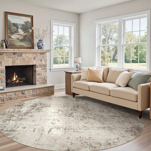 10ft Round Area Rug Living Room Rugs - 10x10 Washable Large Neutral Modern Abstract Soft Thin Rug Indoor Floor No Slip Rug Carpet for Bedroom Under Dining Table Home Office Decor - Dark Brown