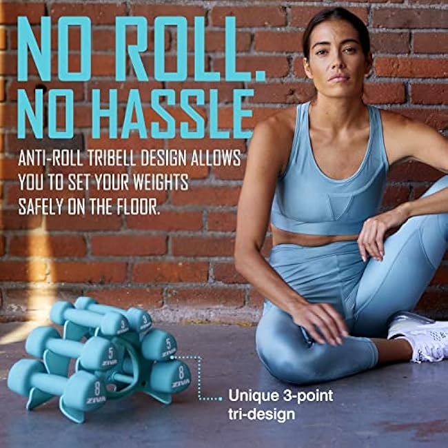 ZIVA Neoprene Tribell Dumbbell Pairs - Set of 2 Hand Weights, Non-Slip Durable Rubber Finish, No-Roll Design for Rigorous Exercise and Strength Training (Avail in 2-20 lb Pairs)