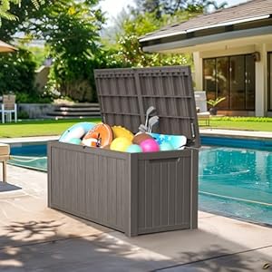 180 gallon large resin deck box outdoor lockable storage box with divider for patio cushions storage furniture pool supplies garden tools weatherproof and uv resistant light brown  urban country home decor