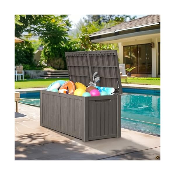 180 gallon large resin deck box outdoor lockable storage box with divider for patio cushions storage furniture pool supplies garden tools weatherproof and uv resistant light brown  urban country home decor