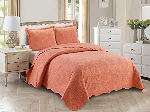 Home Collection Kids Zone Over Size Luxury Embossed Damask Bedspread Set Light Weight Solid Color New # Stacy (Coral, Twin)