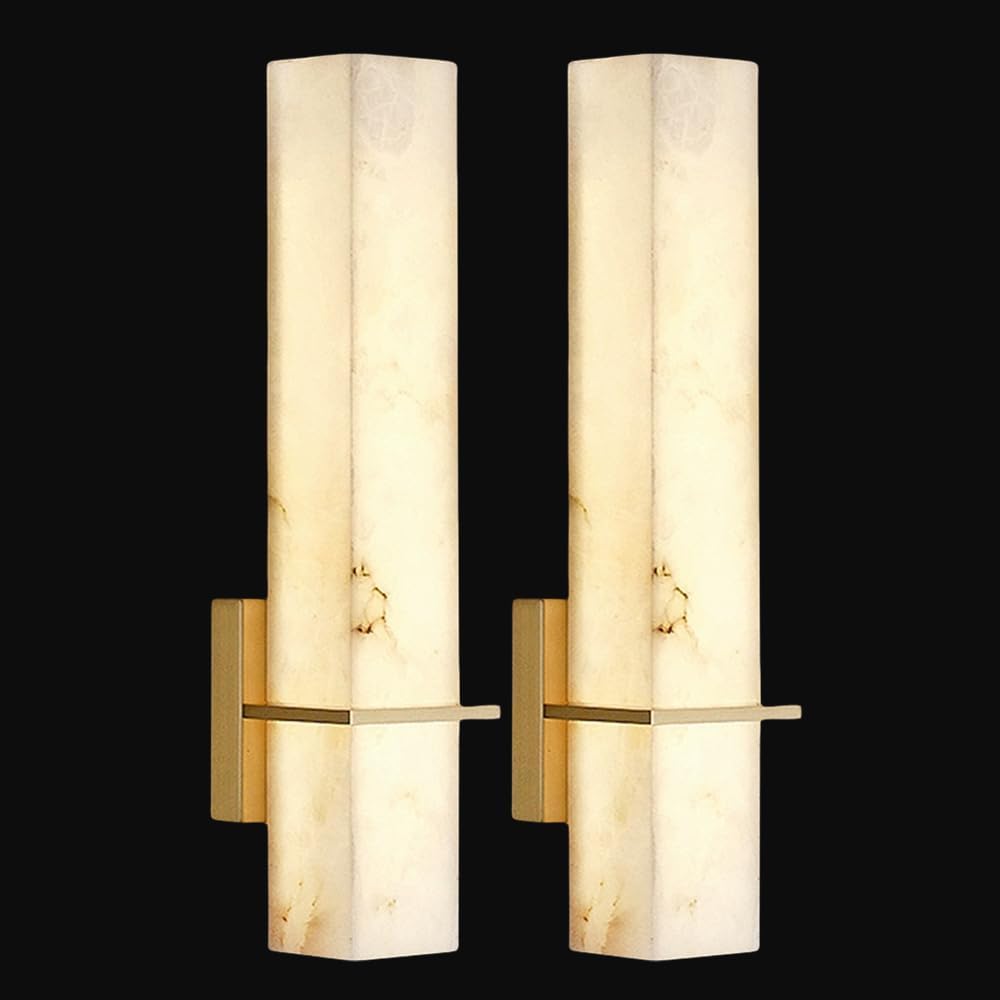 HPTHLY Natural Alabaster Sconce Wall Light Marble Wall Lamp Long Square Stone Vanity Light Fixture Brass Gold Wall Mount Light For Living Room Bathroom Bedroom Stairw(2Pack)