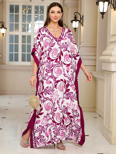 Image of KECVOT Kaftan Dresses for Women V-Neck Print Swimsuit Cover Up Plus Size Beach Caftan Lounge Dress