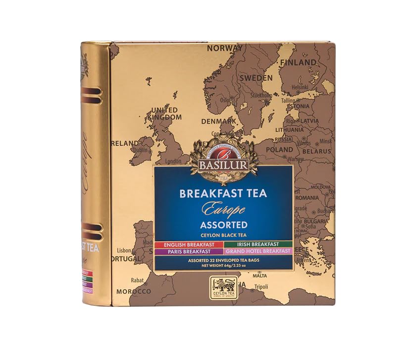 Basilur European Breakfast Tea Gift Set - Elegant Book Tin Caddy | 32 Foil Wrapped Tea Bags | 4 Premium Blends: English Irish Paris & Grand Hotel Breakfast | Tea Lovers Gift