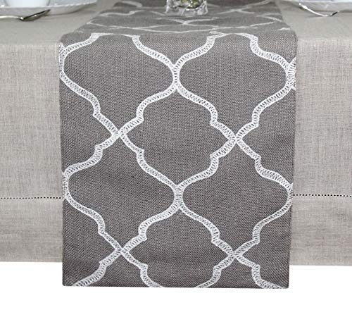 Cotton Craft Jute Table Runner - Moroccan Trellis - Harvest Autumn Fall Thanksgiving Holiday Christmas Festive Party Rustic Farmhouse Dining Kitchen Tabletop Burlap Tablerunner - 13 X 90 - Grey White #TOP1