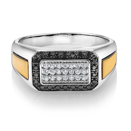 Gem Stone King Men's 925 Sterling Silver and 10K Yellow Gold Black Diamond and White Lab Grown Diamond Ring For Men | 0.43 Cttw | 9.5MM Width | Available in Size 7,8,9,10,11,12,133