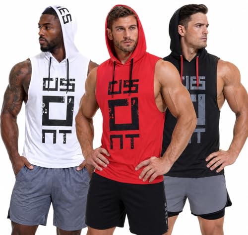 XWC Mens 3 Pack Quick Dry Sleeveless Hooded Tank Tops Loose Fit Athletic Vest Printed Moisture Wicking for Workout (US Alpha Small Regular Regular 3 PackLoose Fit)