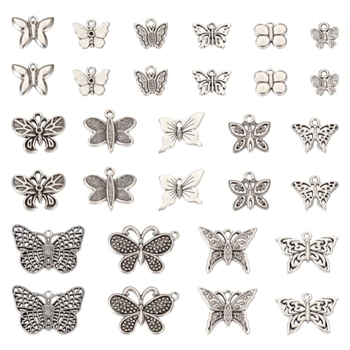 KISSITTY 90Pcs Tibetan Style Alloy Butterfly Charms Antique Silver Butterfly