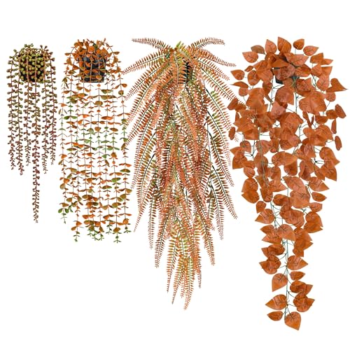 Der Rose 4Pcs Fake Fall Plants Hanging Orange Artificial Eucalyptus Plants, Boston Fern, Fake Potho, String of Pearls for Halloween Bathroom Table Centerpiece Wall Mantle Decor Indoor and Ou