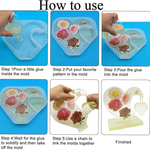 Image of 12PCS Resin Art Mould, Resin Art Kit with Moulds, Romantic Double Heart Mold with Base and Colored Bead Chain DIY Moulds Perfect for Wedding Anniversaries and Home Decor