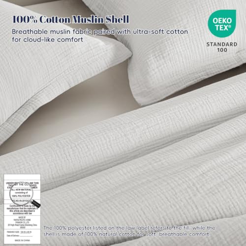 Image of PHF Cotton Muslin Comforter Set Queen - 100% Cotton Cover, Ultra Soft & Breathable, 3PCS Lightweight All-Season Bedding with Polyester Fill, 1 Comforter 90 inchx90 inch & 2 Pillow Shams 20 inchx26 inch, Light Grey