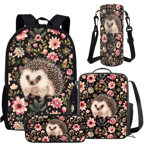 AmzPrint 4pcs Hedgehog Backpack Set For Girls Backpack And Lunch Box Pencil Bag Water Bottle Carrier Set Back To School Gifts