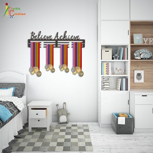 Image of NAITIK CREATION Medal Hanger for Wall - Medal Holder Display Hanger | Holds Up to 65 Medals | Sports Medal Display | Medals Hanger | Premium Antique Golden (Believe Achieve)