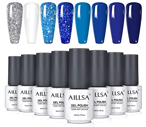 AILLSA Gel Nail Polish 8 Colors Gel Polish Set Blue Nail Gel Polish Summer Nail Polish White Dark Blue Glitter Gel Polishes DIY Nail Art Gift for Women, Soak Off UV LED Gel Nail Polish Set