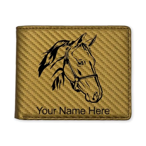 LaserGram Faux Leather Bi-Fold Wallet, Horse Head 2, Personalized Engraving Included (Carbon Fiber Gold)