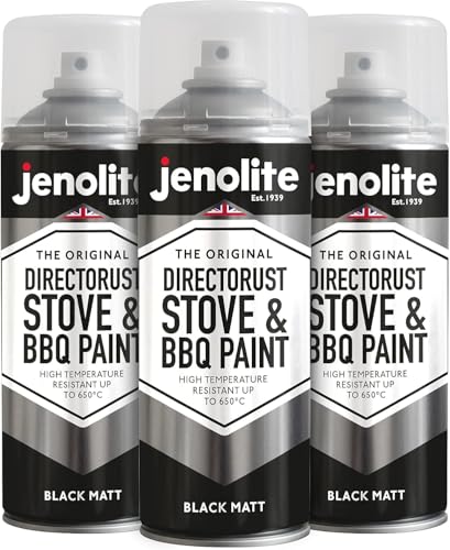 JENOLITE Directorust BBQ & Stove Spray | BLACK | 3x400ml | High Temp Paint Up to 650C | Barbecue Stove Chimineas Wood Burner Automotive Fire Screens