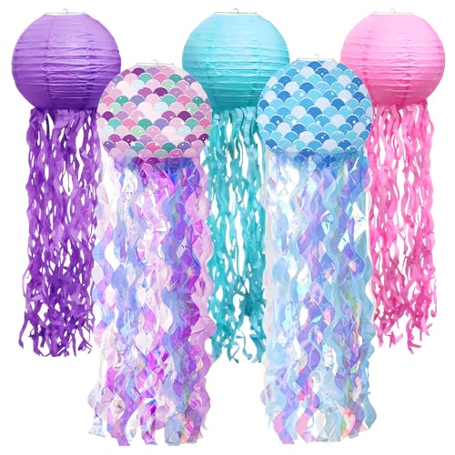 5pcs Colorful Hanging Jellyfish Paper Lanterns - Gradient Ocean-Themed Decor for Mermaid Party, Under The Sea Nursery Room, Wedding Birthday Party Decorations Pack Bulk