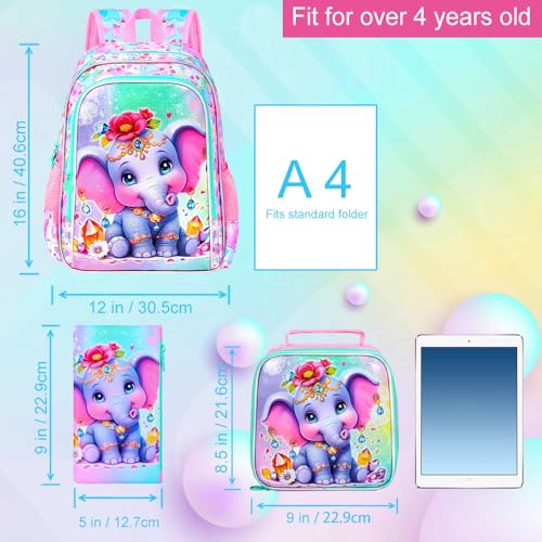 Image of 3Pcs Backpack for Girls, 16 inch Kids Bookbag with Lunch Box,Elephant School Backpacks for Elementary Preschool Kindergarten (Pink)