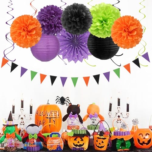 Image of Black Purple Orange-Green Halloween Party-Decorations - 20pcs Paper Lanterns Fans,Tissue Pom Poms,Honeycomb Balls,Hotel Transylvania Hocus Pocus Birthday Baby Bridal Shower Wedding Decor Burgleda