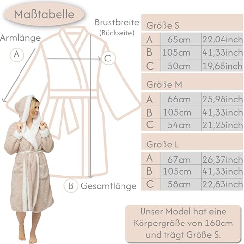CalmyLIFE Bademantel Damen flauschig Morgenmantel - mit Wendefunktion kuschelige Bademäntel mit Kapuze Kuschelbademantel (M, Taupe/Natur)