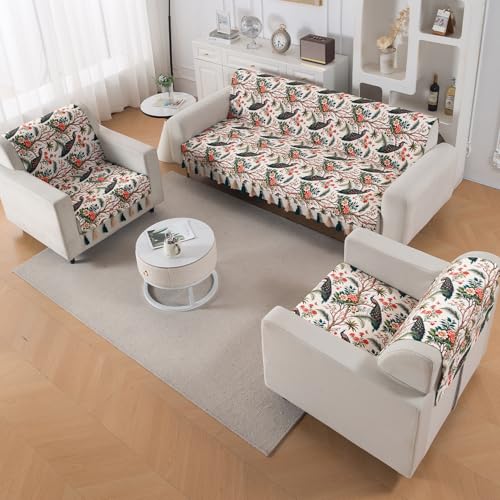 Image of HOKIPO Printed Holland Velvet Sofa Cover 5 Seater Set - 3+1+1 Sofa Cover with Tassel | Full Protection for Sofa Seat and Back | 'Whispers of Nature' | Multicolor Tropical Peacock (IN-1127+1125-D1*2)