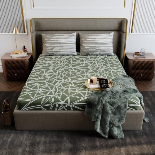 Image of Stoa Paris 100% Cotton King Size Fitted Bedsheet with 2 Pillow Covers, 180TC Printed Bedding Set, All-Season Comfort, Soft & Lightweight, Home Decor, Urbanscape - Sage Spectrum (182cmx198cm+30cm)