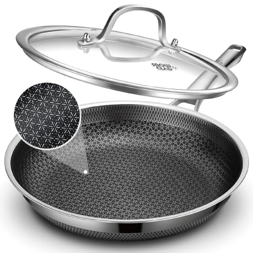 SNOWCLAD Hybrid Nonstick Stainless Steel Frying Pan with Lid 12-Inch PFOA-Free Non-Toxic Skillet Induction Compatible Dishwasher Oven & Broiler Safe