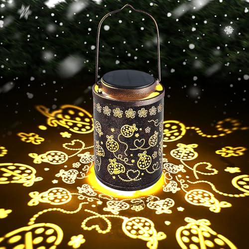 Decorative Solar Lantern Outdoor, Hanging Garden Light with Ladybug Pattern Projection, Waterproof Metal Lantern for Patio Yard Porch, Unique Gift for Women Men Mom Grandma