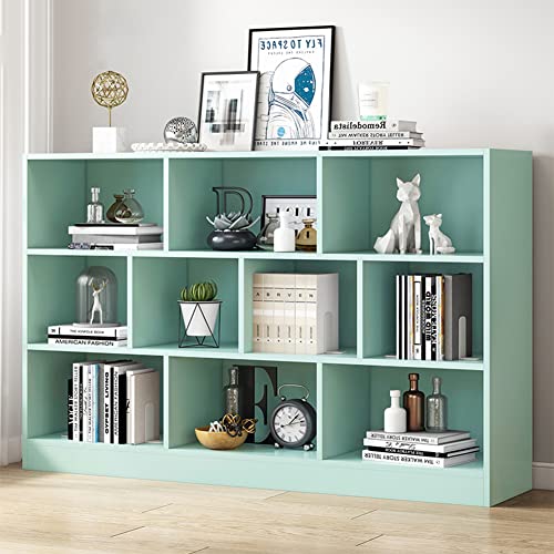Image of IOTXY Open Shelf Low Bookcase - Wooden 3-Tier Cube Bookshelf, Tiffany-Green
