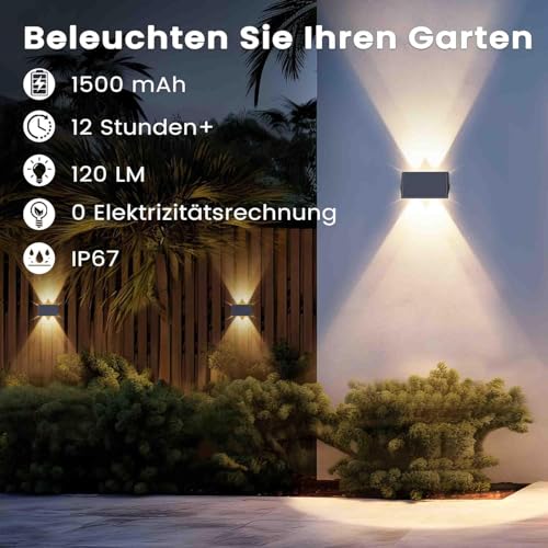 IIRARA wandleuchte solar außen solar wandleuchte aussen solarlampen Nach Oben und Unten Beleuchtet 4 LEDs IP67 Wasserdichte Solarleuchte für Garten Balkon Terrasse Treppen Warmweiß 2er