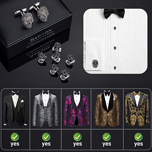 Cufflinks for Men with Tuxedo Studs in Gift Box, Gold or Silver Tone Skull Cuff links for Black Bow tie Navy Blue Suit White Shirts ; Mens Jewelry or Accessories on Halloween Birthday Party Christmas4