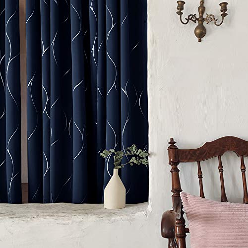 Deconovo Grommet Blackout Curtains, Foil Wave Printed Grommet Curtain, Room Darkening Window Panels, Thermal Insulated Curtain Drapes For Teens Room (42W X 54L Inch, 2 Panels, Navy Blue) #TOP2