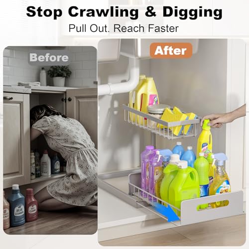 Image of REALINN Under Sink Organizer, Pull Out Cabinet Organizer 2 Tier Slide Out Sink Shelf Cabinet Storage Shelves, Storage for Kitchen Bathroom, Grey, 1 Pack