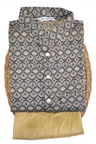Image of Men Regular Full Sleeve Silk Cotton Kurta with Golden Pajama Set