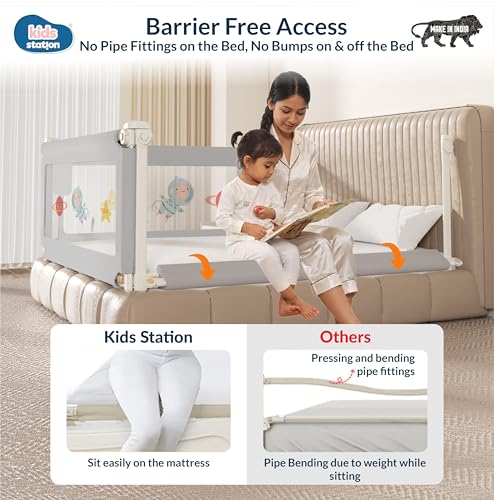 Image of Kids Station Foldable Baby Bed Rail Guard - 28-Level Adjustable Height, 5.3ft (160cm), 1 Side, Made in India (Grey, with Pocket)