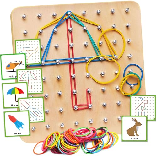 Panda Brothers Wooden Geoboard - Montessori Toys for 3 4 5 Year Old Kids and Toddlers, Educational Toy with 30 Pattern Cards and 40 Rubber Bands to Create Figures, Brain Teaser STEM Toy Geo Board