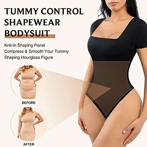 Feelingirl Tummy Control Slim Body Shaper Square Neck Faja Jumpsuit Going Out Short Sleeve Thong Bodysuit Black Xl #TOP2