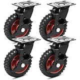 Humagineer 6 Inch Outdoor Heavy Duty Casters Wheels Set of 4, Sturdy Large Rubber Casters with Brake 1800 LBS, Industrial Grade Plate Swivel Castors with Knobby Tread for Dollies, Cart, Machine