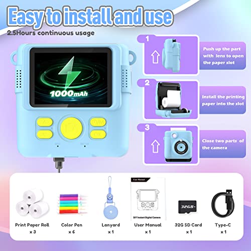 Esoxoffore Kids Camera Instant Print, Christmas Birthday Gifts For Kids Age 3-12, Selfie Digital Camera With 1080P Videos,Toddler Portable Travel Camera Toy For 4 5 6 7 8 9 Year Old Boys Girls-Blue #TOP5