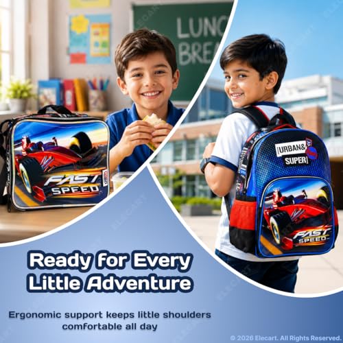 Image of School Bag Combo Set for Girls - 5 in 1 Back to School Hamper with Backpack, Lunch Bag, Tiffin Box, Water Bottle & Pencil Pouch - Complete School Essentials Gift Set for Kids (Race)
