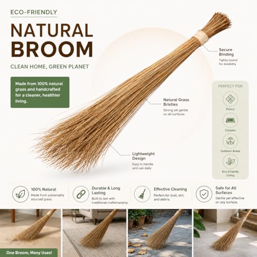 Image of Natural Coconut Broom, Traditional Indian Broom with Strong Bristles for Home Floor Cleaning, Sweeping and Dusting, Indoor and Outdoor Use