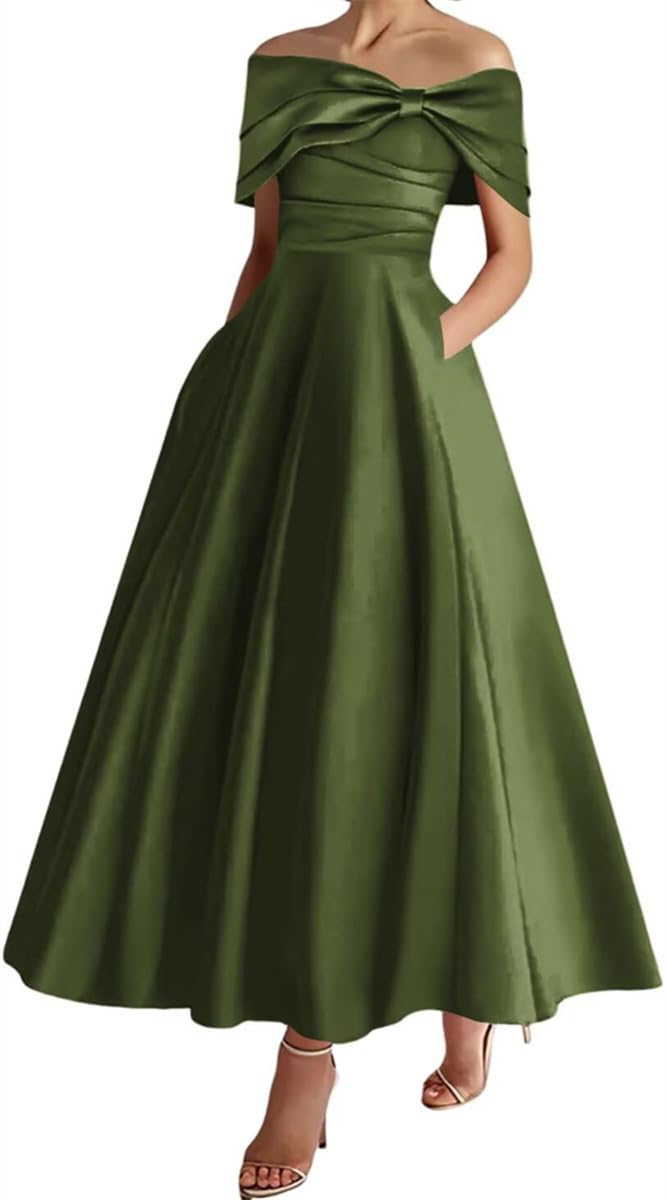 Sayno Women's Olive Green Satin Formal Evening Party Gowns Cold Shoulder Casual Wedding Dresses Pleats Grace Bridal Gowns Hlsa163 Uk20