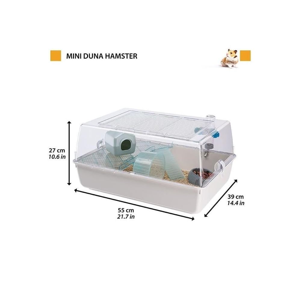 FERPLAST Gabbia Roditori MINI DUNA HAMSTER per Criceti, Topolini, in Plastica, Accessori inclusi: Mangiatoia, Beverino, Ripiano, Casetta, Scaletta, Ruota. 55x39xh27cm