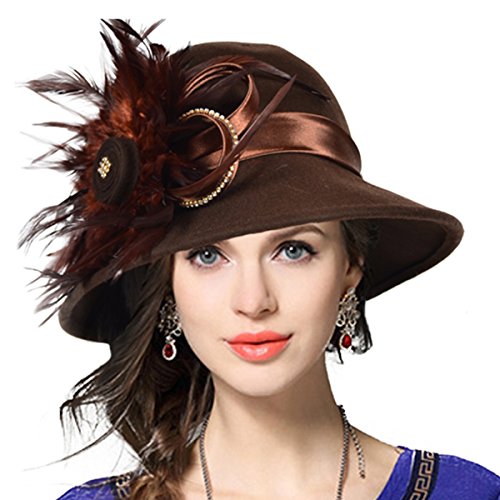 Vecry Women's Wool Church Dress Cloche Hat Plumy Felt Bucket Winter Hat (Brown) #TOP8