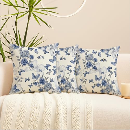 Image of Jaipur Weaves Cushion Cover 16 Inch X 16 Inch - Set of 3, Butterfly Print 180 GSM Decorative Soft Cushion Covers for Sofa /Bed /Chair, Gift for Home Decor (Blue Butterfly, 3)