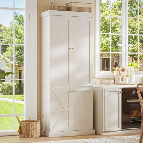 Image of Vyre 70.8 inch Tall White Bookshelf with Doors, Farmhouse Modular Bookcase with 4-Tier Adjustable Shelves, Large Storage Cabinet for Home Office, Living Room