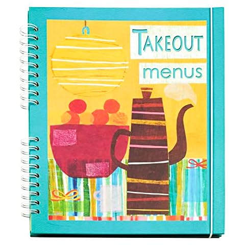 Meadowsweet Kitchens Takeout Menu Holder Organizer, Restaurant Coupon & Menu Binder w/ 8 Large Pockets, 10 Sticker Labels, & Elastic Closure, Take Out Menu Book Sleeve Spiral Binder (Colorful Kitchen) Cover
