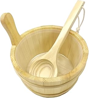 HJJKKH Sauna Bucket Ladle Set-Sauna Accessories with Handmade Wooden Bucket Ladle Plastic Liner Wood Handle for Sauna Steam Room