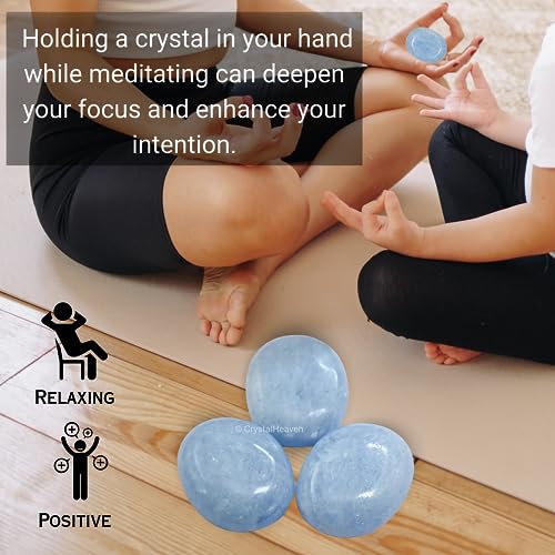 Image of Crystal Heaven Certified Blue Calcite Crystal Palm Pebbles Stones For Anxiety Stress Relief Massage - Aaa Grade Original Healing Gemstone Agate Palm Stone For Yoga Meditation Spiritual Reiki Feng Shui